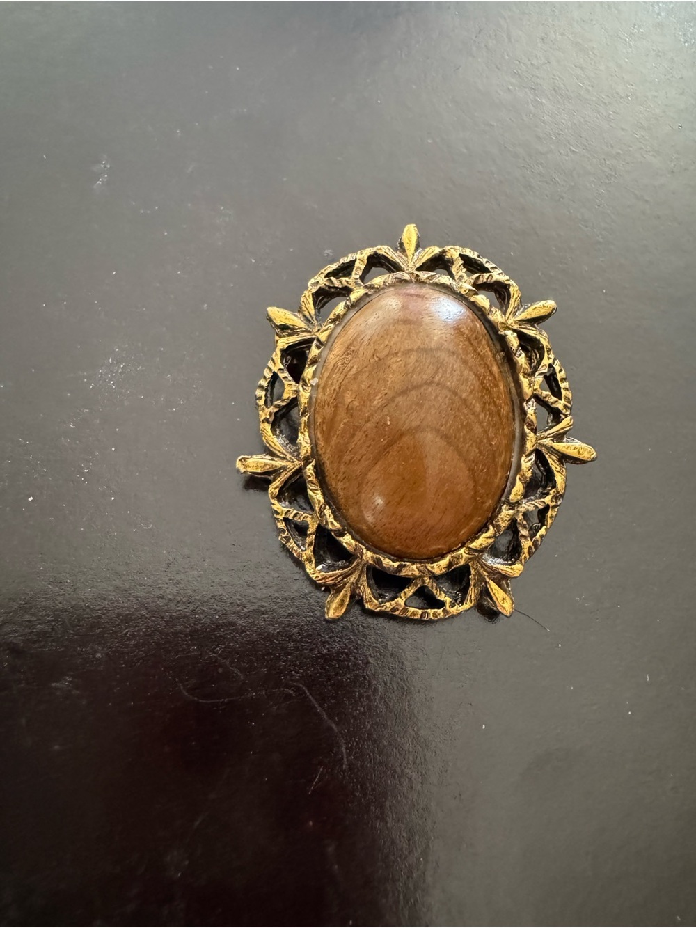 Vintage-Inspired Gold and Brown Oval Wood Statement Brooch